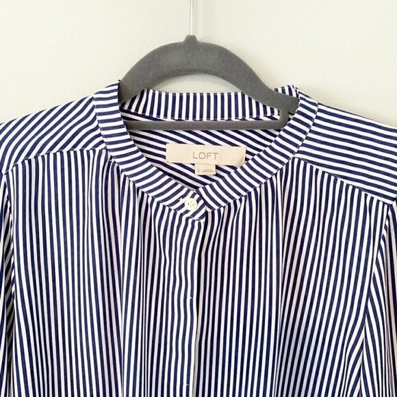 LOFT blue white striped mock collar hidden button front long sleeve top - Picture 3 of 10